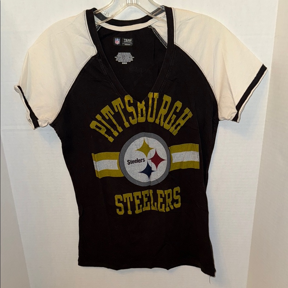 Pittsburgh Steelers Women’s Med Raglan T-Shirt - Black and Cream